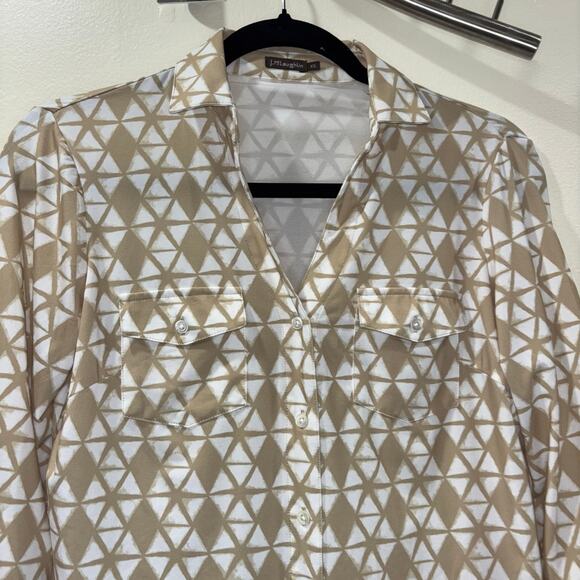 J McLaughlin Brynn Button Down 3/4 Sleeve Top- Tan and White Size XS - Picture 5 of 11